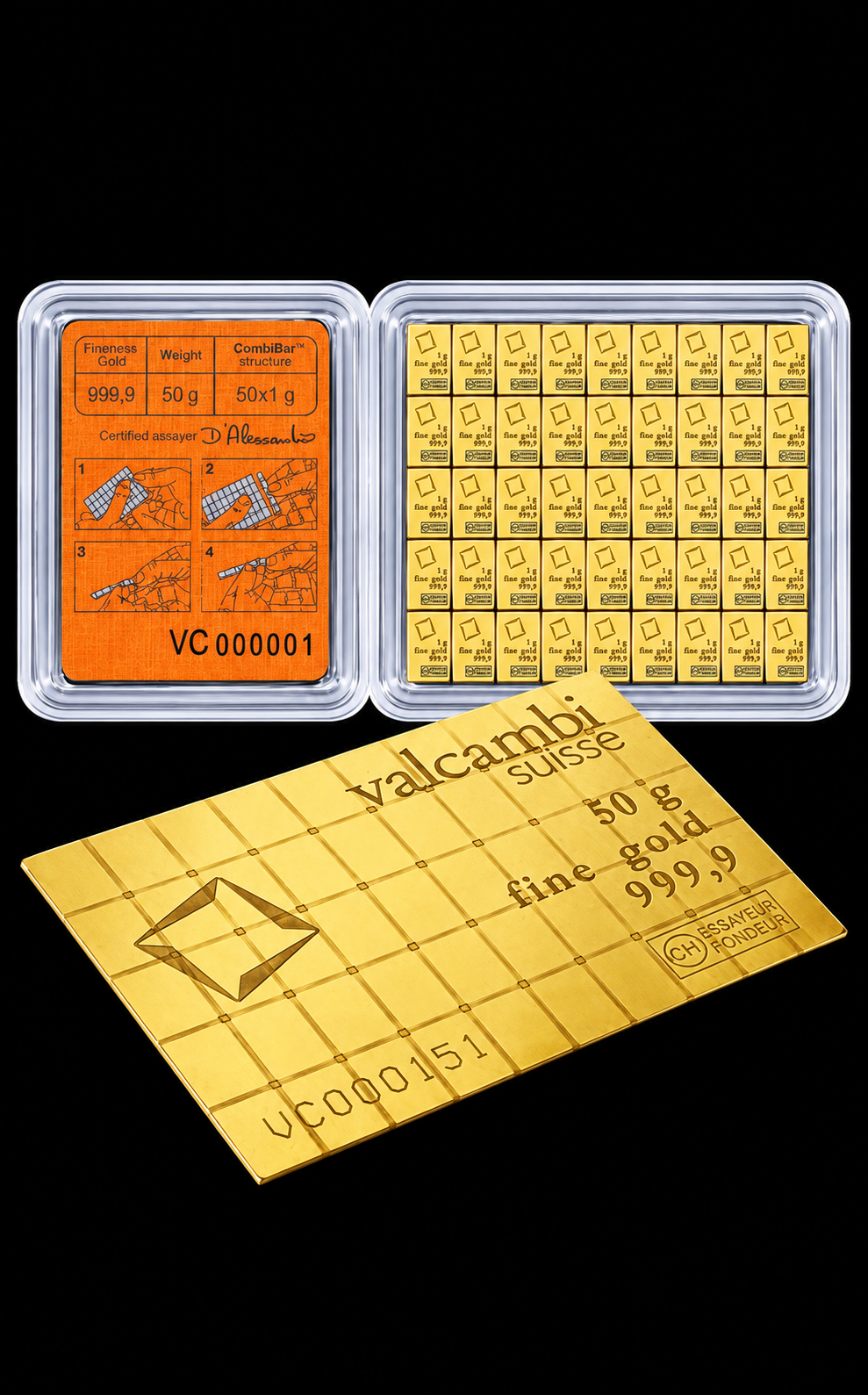 Lingou de aur Valcambi CombiBar 50 x 1g, 24K, 999,9‰