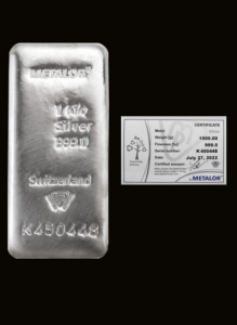 Lingou din argint 1 kg Metalor - certificat