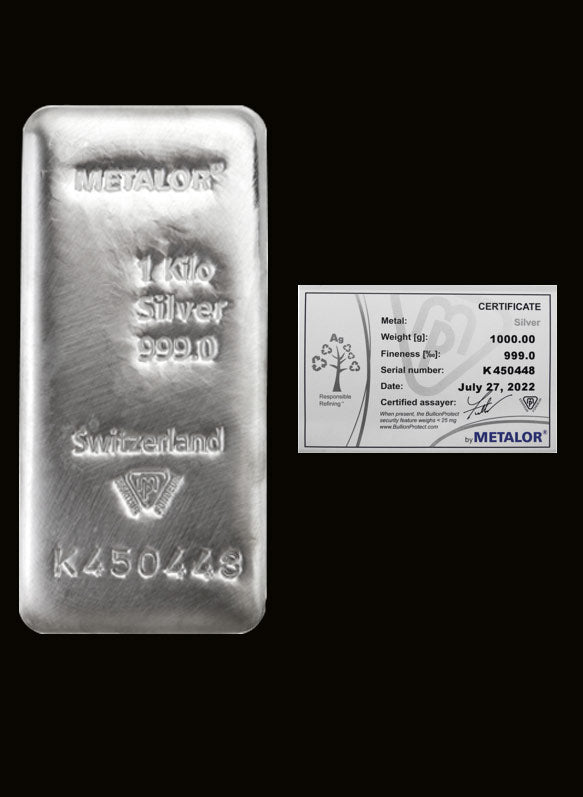Lingou din argint 1 kg Metalor - certificat