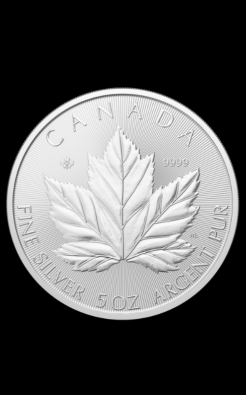 Moneda din argint Maple Leaf 5 uncii - revers cu frunza de artar